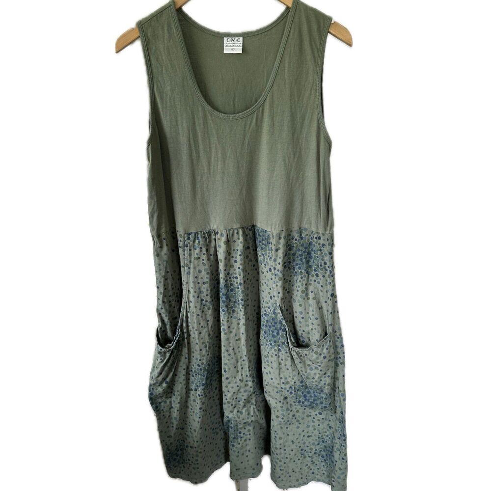 Color Me Cotton CMC Lagenlook Front Pockets Watercolor Circles Dots Midi Dress L